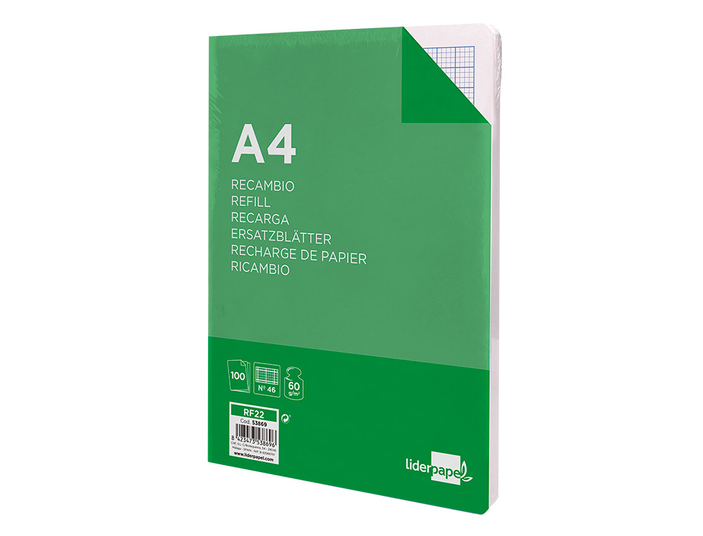 RECAMBIO LIDERPAPEL FOLIO 100 H. RAYADO Nº 46 4 TALADROS 60 GR.