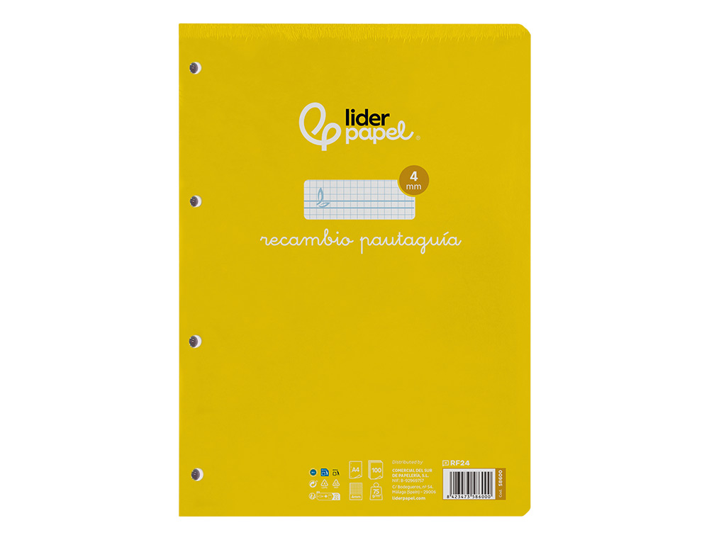 RECAMBIO LIDERPAPEL FOLIO 100 H 4 TALADROS 70 GR CUADRICULADO PAUTADO 4 MM CON MARGEN