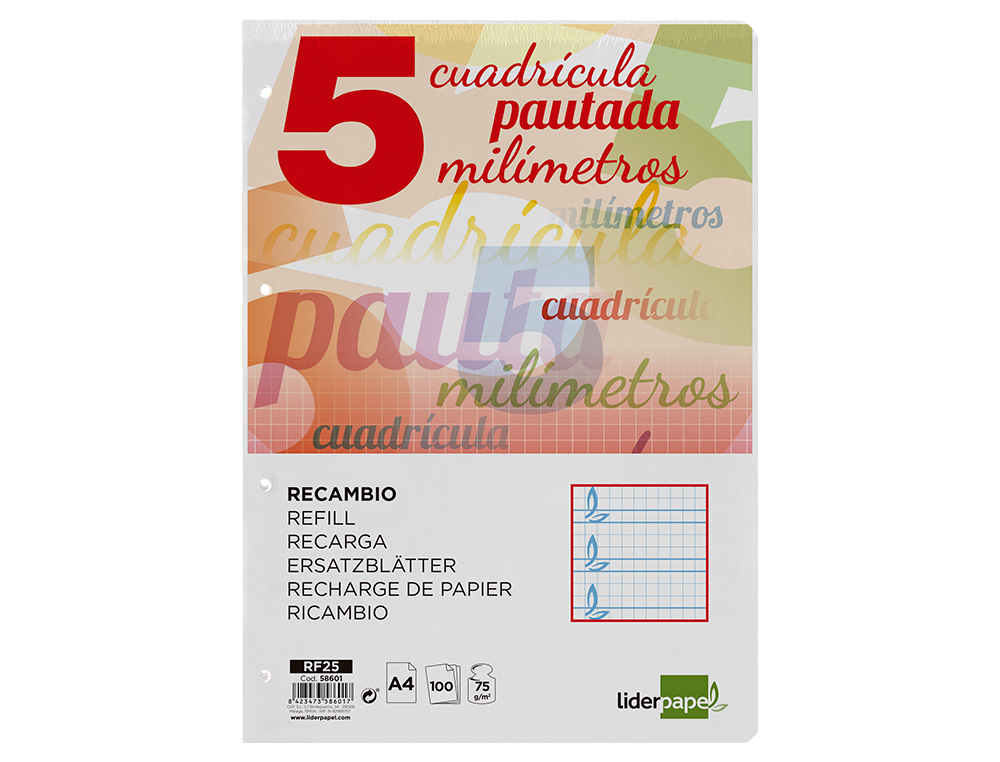 RECAMBIO LIDERPAPEL FOLIO 100 H 4 TALADROS 70 GR CUADRICULADO PAUTADO 5 MM CON MARGEN