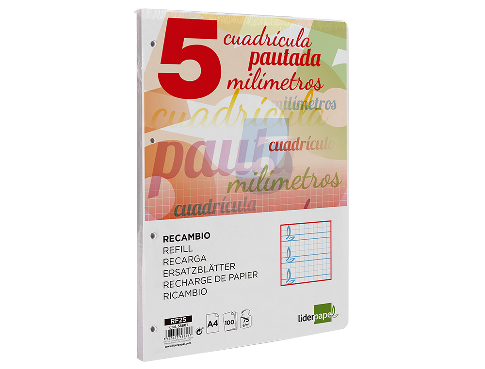 RECAMBIO LIDERPAPEL FOLIO 100 H 4 TALADROS 70 GR CUADRICULADO PAUTADO 5 MM CON MARGEN