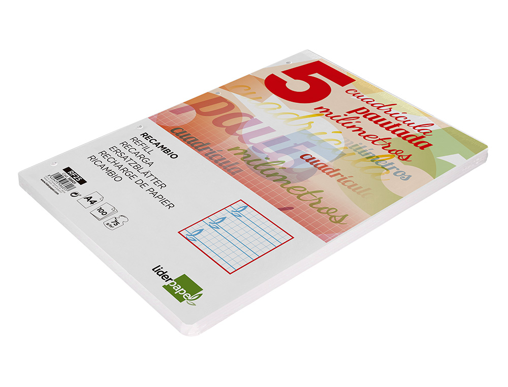 RECAMBIO LIDERPAPEL FOLIO 100 H 4 TALADROS 70 GR CUADRICULADO PAUTADO 5 MM CON MARGEN