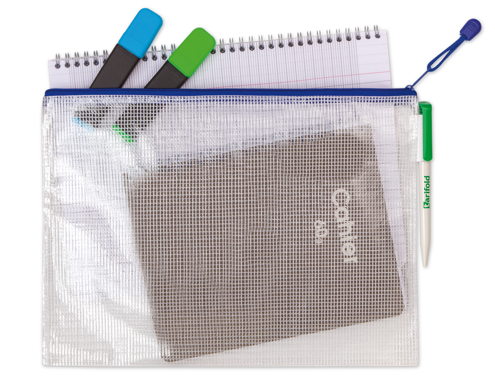 BOLSA MULTIUSOS TARIFOLD PVC DIN A6 ABERTURA SUPERIOR COM FECHO PORTA ESFEROGRAFICA E CORREIA AZUL