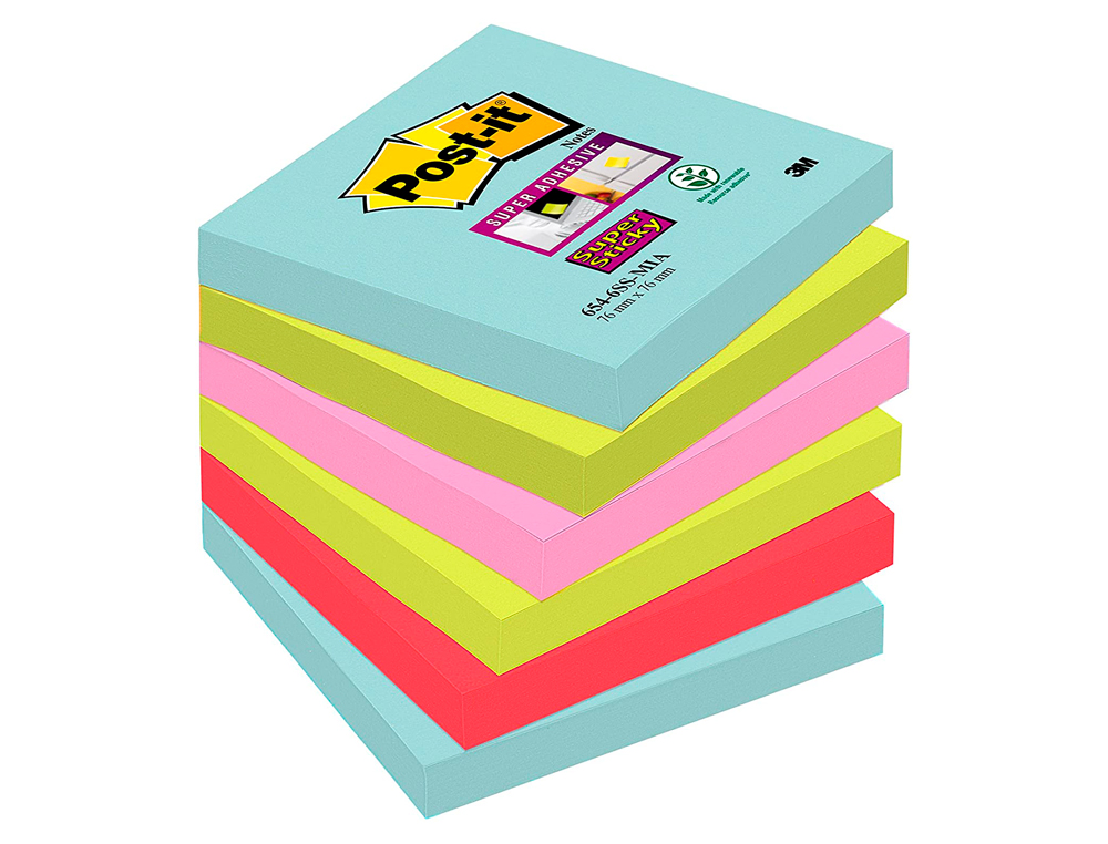 BLOCO DE NOTAS ADESIVAS POST-IT SUPER STICKY 76X76 MM COM 90 FOLHAS PACK DE 6 UNIDADES CORES MIAMI