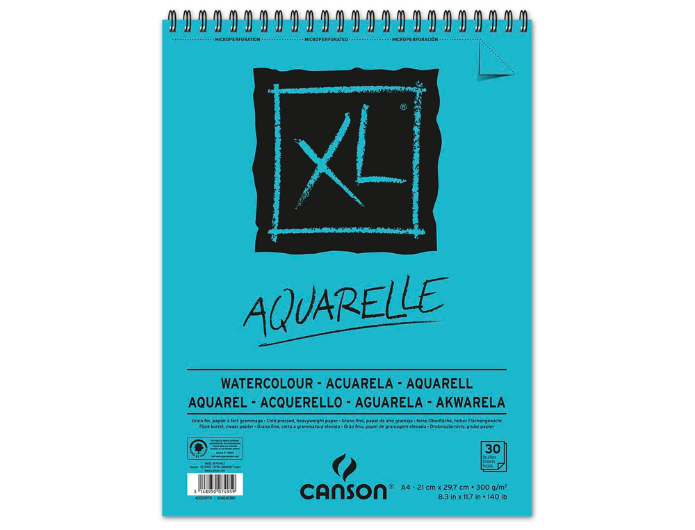 BLOCO DE DESENHO AGUARELA CANSON XL AQUARELLE GRANO FINO DIN A4 MICROPERFURADO ESPIRAL 21X29,7 CM 30 FOLHAS 300 GR