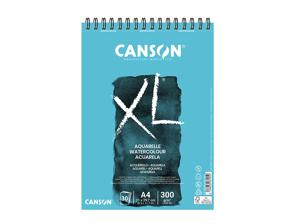 BLOCO DE DESENHO AGUARELA CANSON XL AQUARELLE GRANO FINO DIN A4 MICROPERFURADO ESPIRAL 21X29,7 CM 30 FOLHAS 300 GR