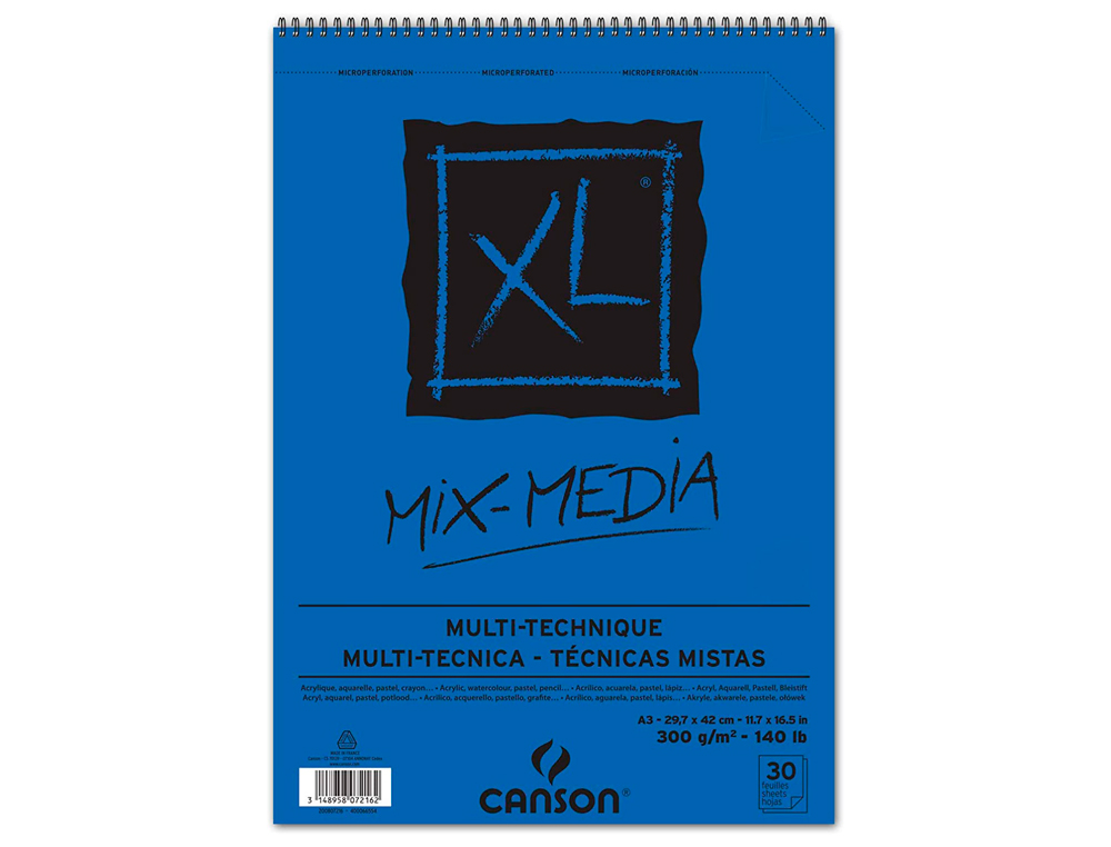 BLOCO DE DESENHO AGUARELA CANSON XL MIX MEDIA GRANO MEDIO DIN A3 MICROPERFURADO ESPIRAL 29,7X42CM 30 FOLHAS 300 GR