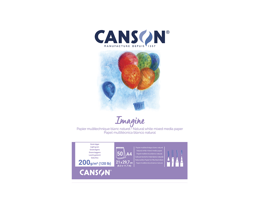 BLOCO DE DESENHO MULTITECNICAS CANSON IMAGINE DIN A4 COLADO LISO 21X29,7 CM 50 FOLHAS 200 GR