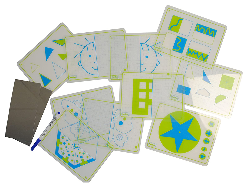 JOGO FICHAS HENBEA TRANSPARENTES + ESPELHOS SIMETRIAS E FORMAS 21X15 CM SET 10 CARTOES + 2 ESPELHOS
