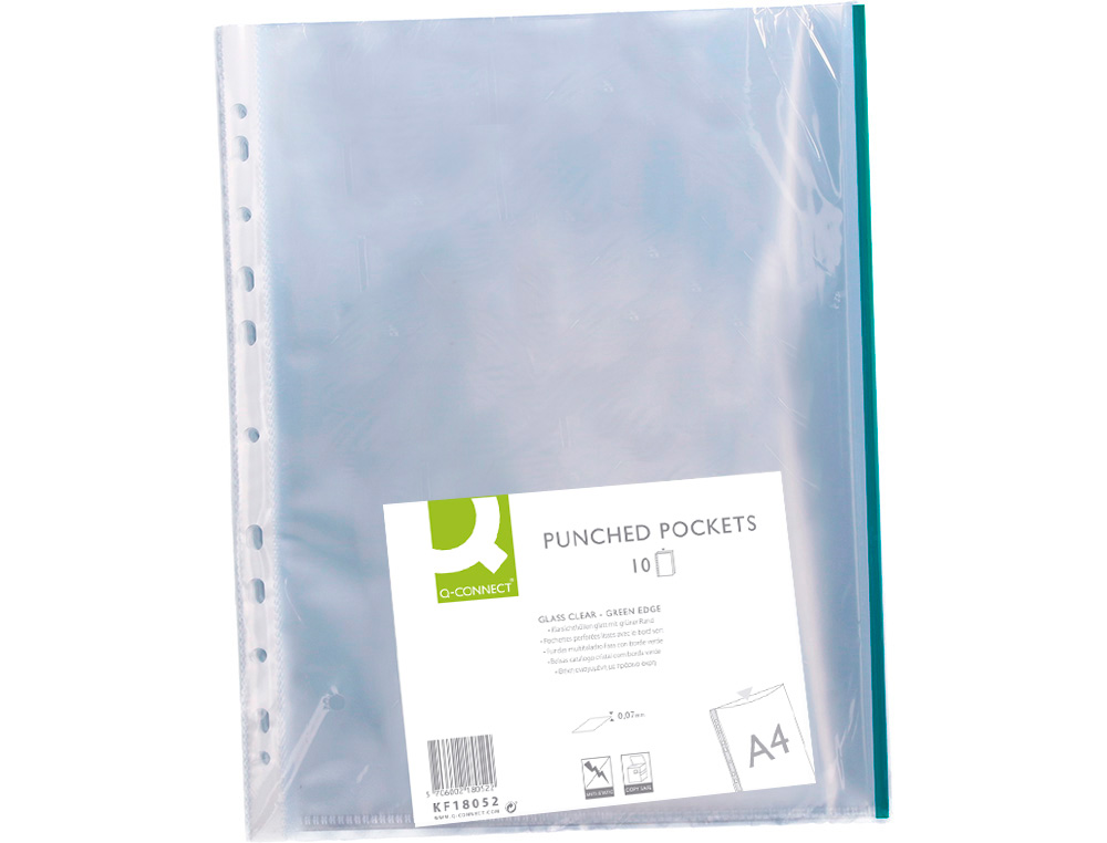 BOLSA CATALOGO/MICA Q-CONNECT DIN A4 70 MICRONS PP CRISTAL COM BORDA VERDE BOLSA DE 10 UNIDADES