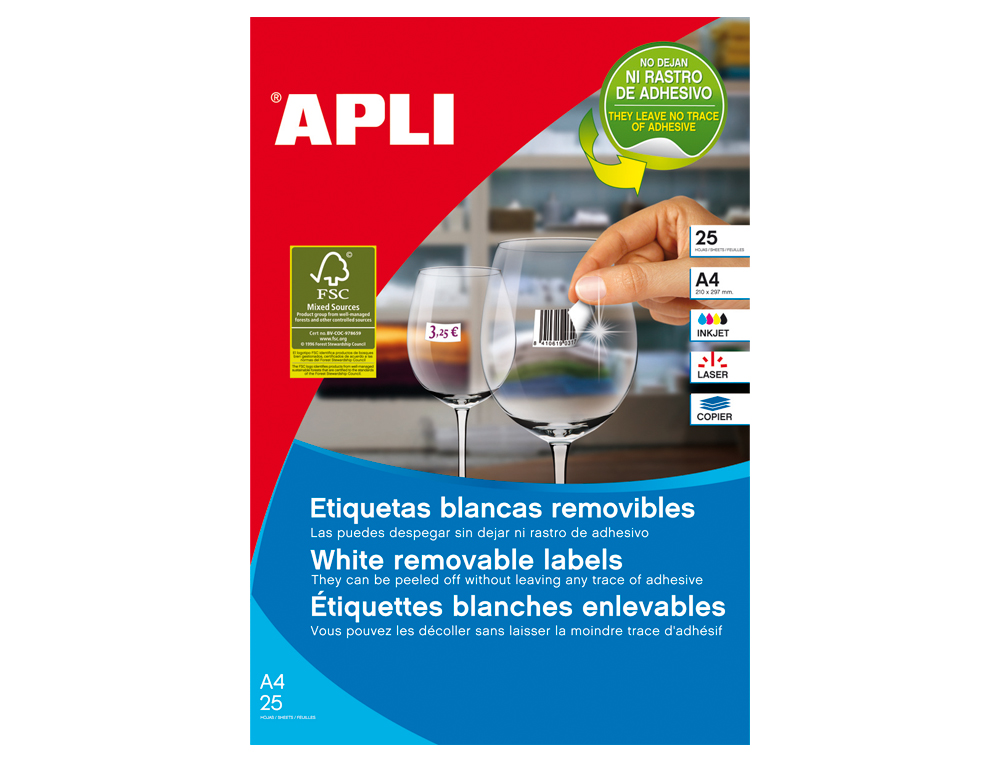 ETIQUETAS ADESIVAS APLI 10197 FORMATO 17,8X10 MM REMOVIVEL PARA FOTOCOPIA LASER TINTEIRO CAIXA 25 FOLHAS