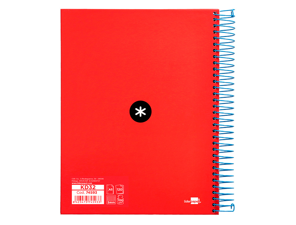 CADERNO ESPIRAL DIN A5 ANTARTIK CAPA FORRADA 120 F 100 GR QUADRICULA 5 MM 5 BANDAS DE CORES COR VERMELHO
