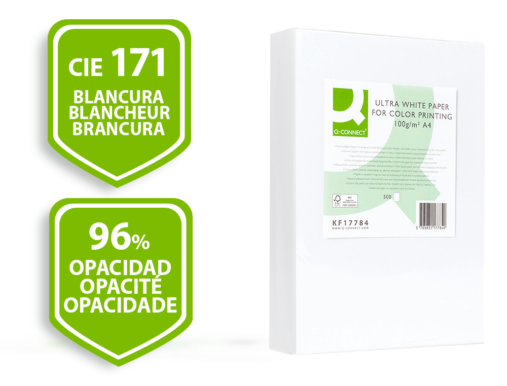 PAPEL FOTOCOPIA ULTRA WHITE Q-CONNECT DIN A4 100 GR EMBALAGEM DE 500 FOLHAS