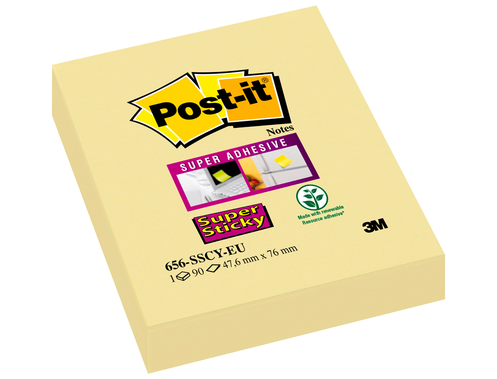 BLOCO DE NOTAS ADESIVAS SUPER STICKY 51X76 MM COM 90 FOLHAS656 AMARELO CANARIO