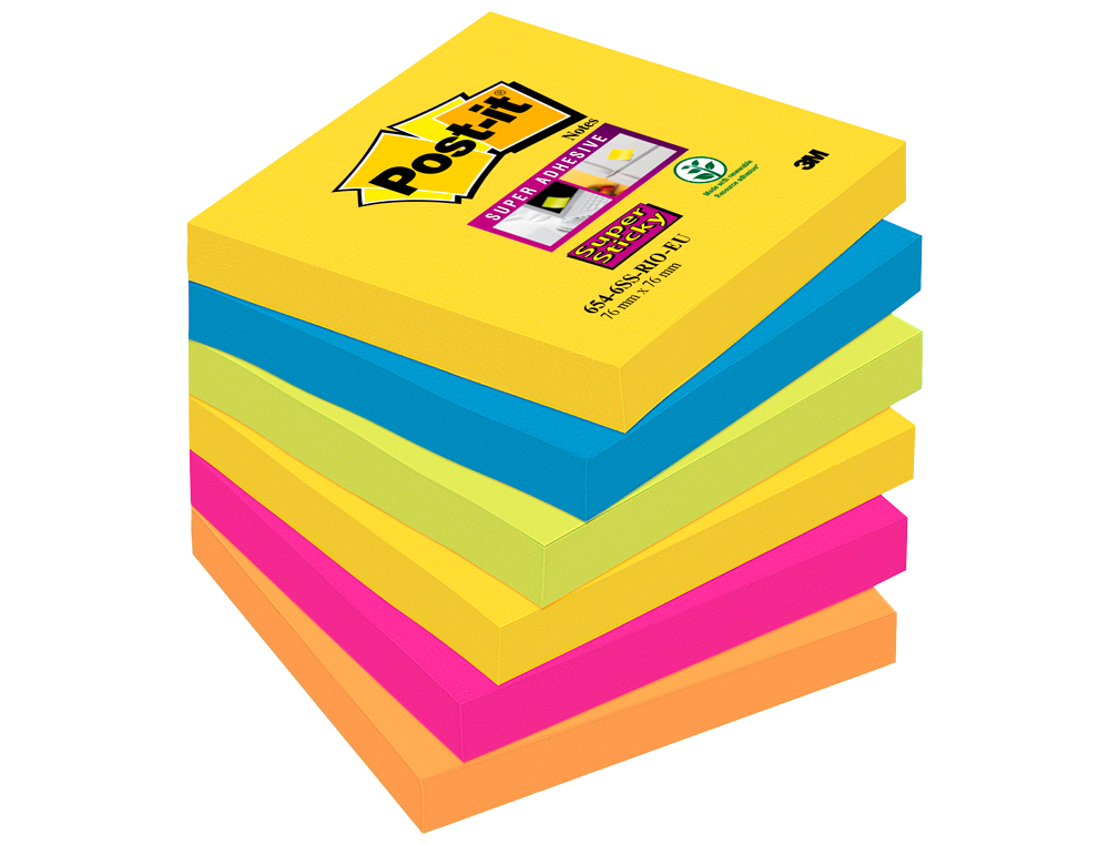 BLOCO DE NOTAS ADESIVAS POST-IT SUPER STICKY 76X76 MM COM 90 FOLHAS PACK DE 6 BLOCO CORES SORTIDAS COLECAO RIO DE JANEIR