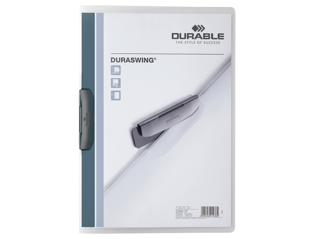 BOLSA DOSSIER DURABLE DURASWING COM CLIP LATERAL GIRATORIA POLIPROPILENO DIN A4 GRAFITE 30 FOLHAS