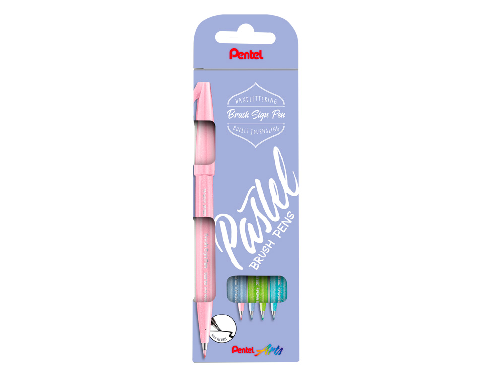 CANETA PINCEL PENTEL TOUCH EM BLISTER DE 4 CORES PASTEL AZUL CINZA AZUL PALIDO, VERDE E ROSA