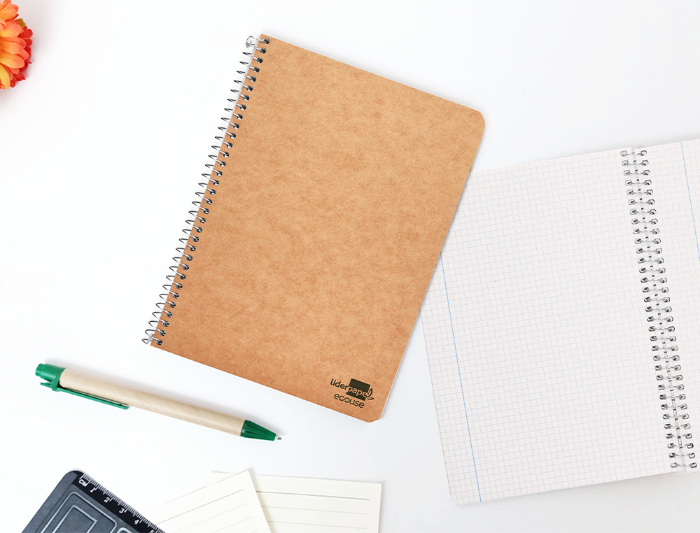 BLOC ESPIRAL LIDERPAPEL CUARTO ECOUSE TAPA CARTULINA KRAFT 80 HOJAS PAPEL RECICLADO 60 GR CUADRO 4 MM.