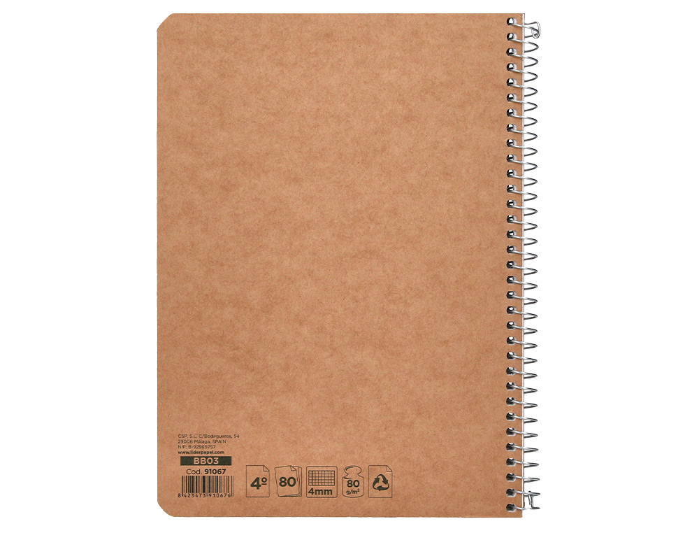 BLOC ESPIRAL LIDERPAPEL CUARTO ECOUSE TAPA CARTULINA KRAFT 80 HOJAS PAPEL RECICLADO 60 GR CUADRO 4 MM.
