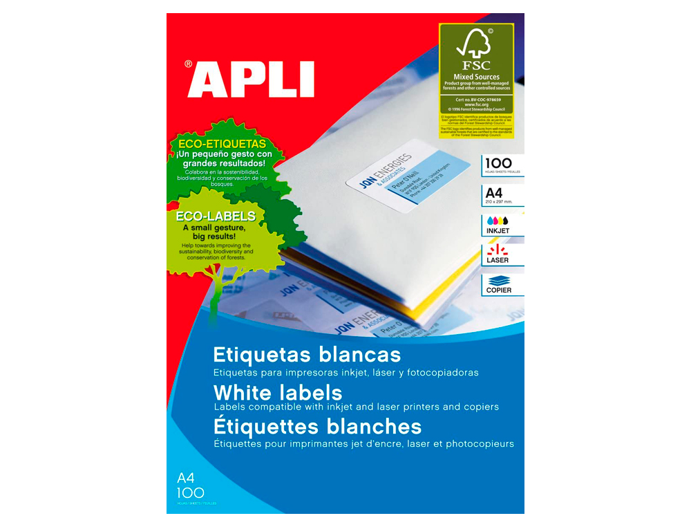 ETIQUETAS ADESIVAS APLI DIN A4 70 X 25 MM