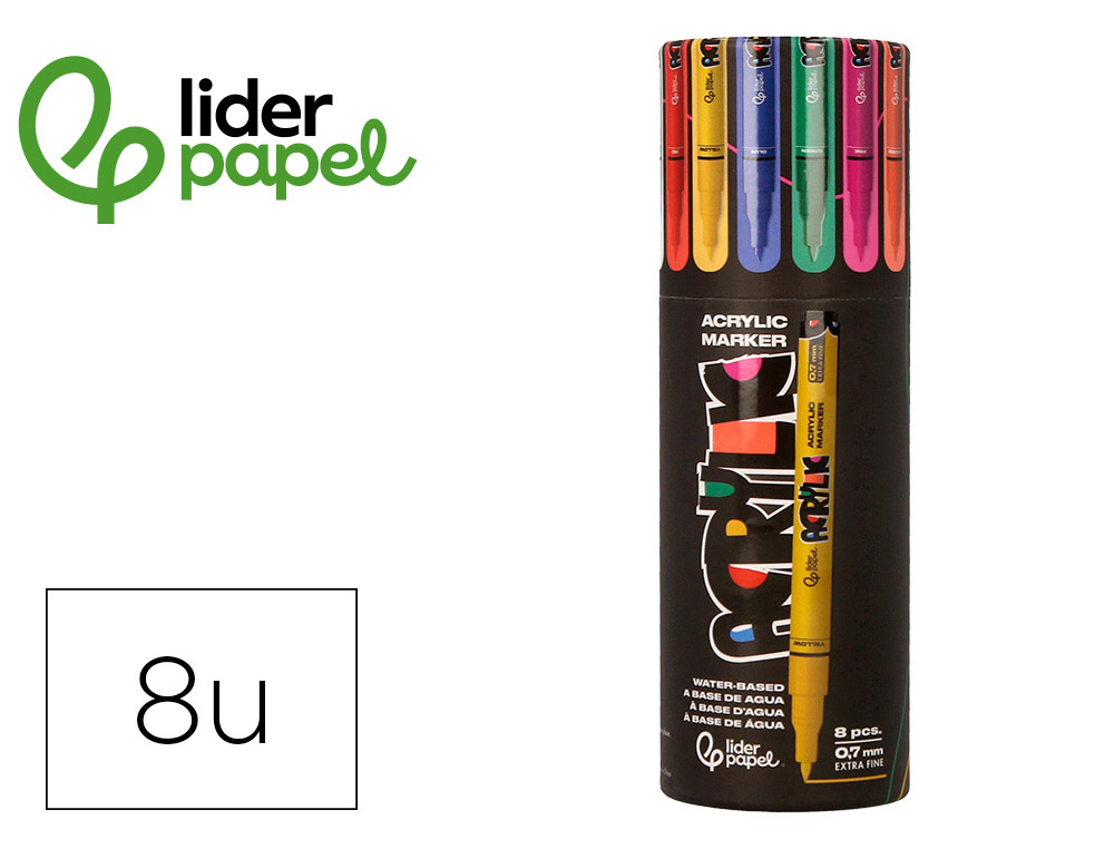 MARCADOR LIDERPAPEL ACRYLIC BASE AGUA TODO TIPO DE SUPERFICIE PONTA FINA 0,7 MM CAIXA DE 8 UNIDADES CORES