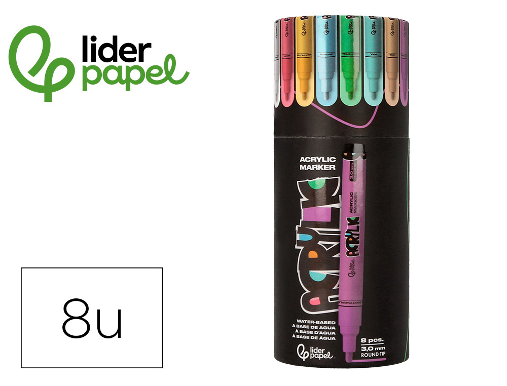 MARCADOR LIDERPAPEL ACRYLIC BASE AGUA TODO TIPO DE SUPERFICIE PONTA REDONDA 3 MM CAIXA DE 8 UNIDADES CORES