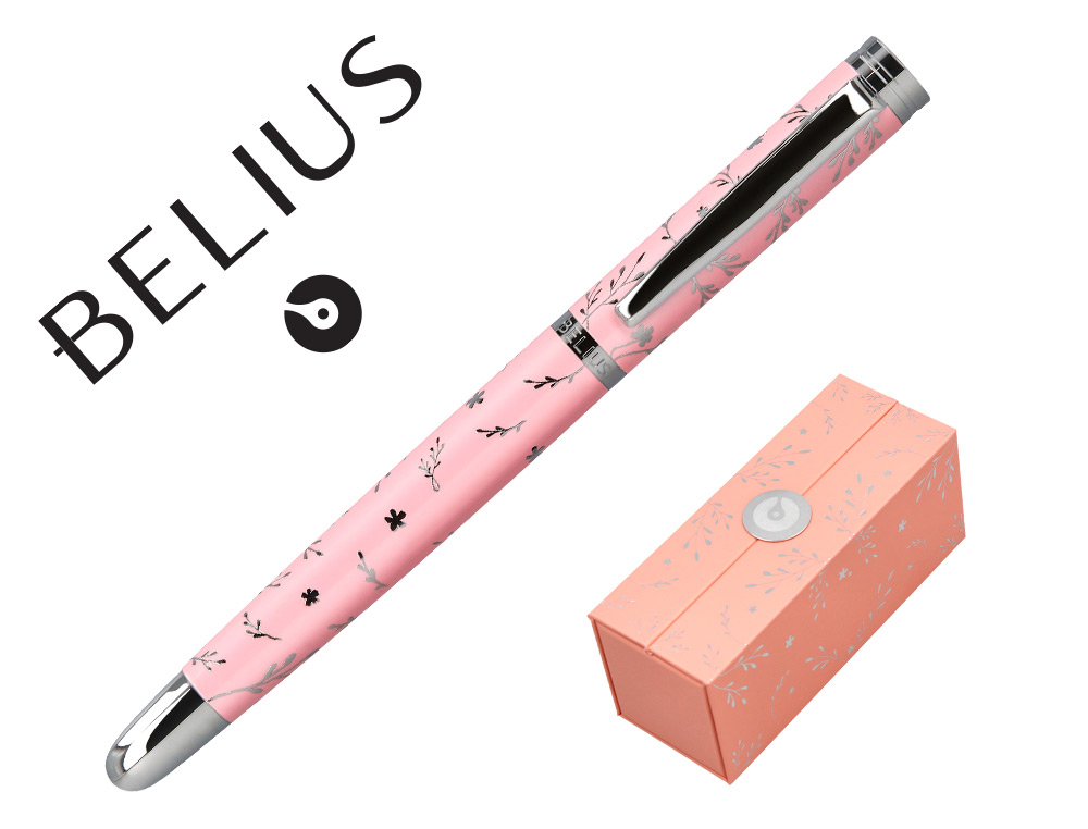 CANETA BELIUS BELLA ALUMINIO COR ROSA DESENHO PRATEADO RELEVO TINTA AZUL CAIXA DE DESIGN