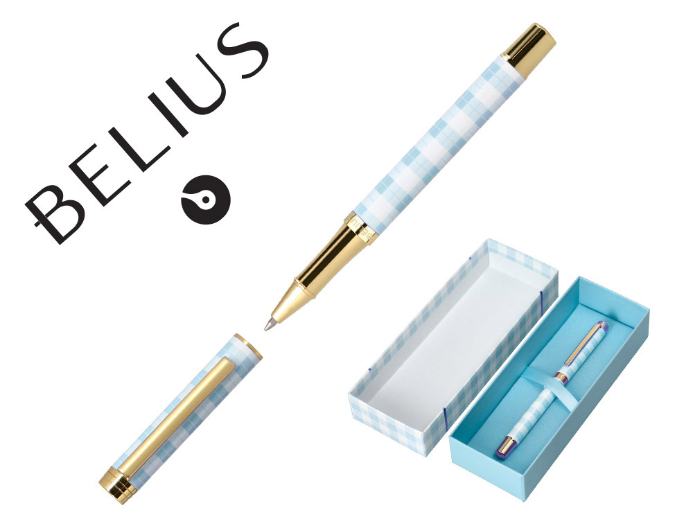 ESFEROGRAFICA BELIUS PICNIC ALUMINIO COR AZUL CELESTE DOURADO TINTA AZUL CAIXA DE DESIGN