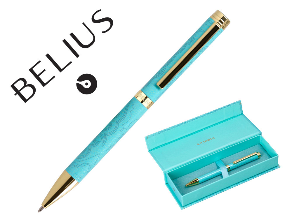 ESFEROGRAFICA BELIUS WILD WEST ALUMINIO COR BRANCO DOURADO TINTA COR AZUL CAIXA DE DESIGN