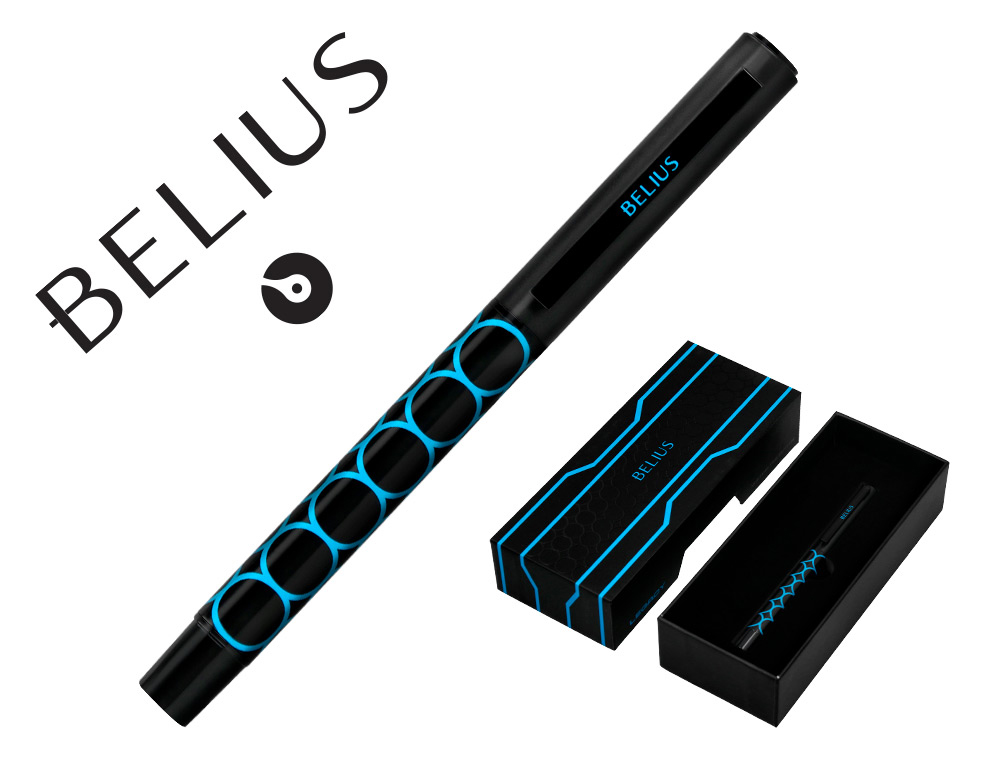 ESFEROGRAFICA BELIUS LEGACY ALUMINIO DESENHO CIRCULOS AZUL CORPO PRETO TINTA COR AZUL CAIXA DE DESIGN