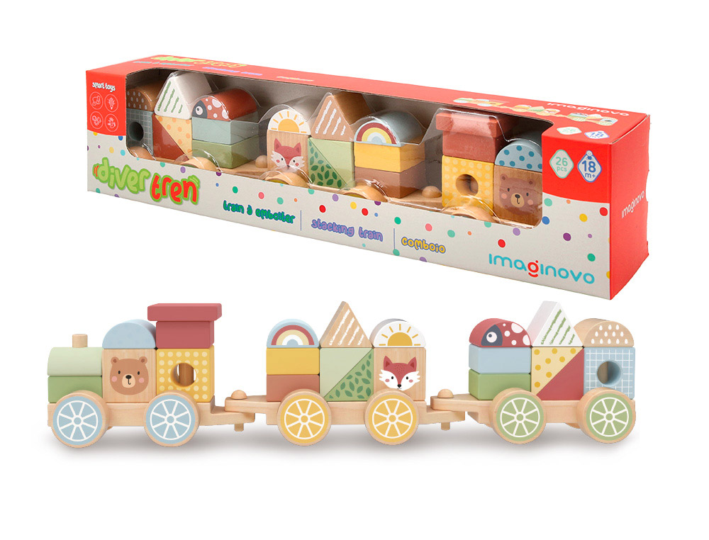 JOGO INFANTIL IMAGINOVO MADEIRA COMBOIO FIGURAS EMPILHAVEIS COM RODAS +18 MESES 38X9,5X7,5CM