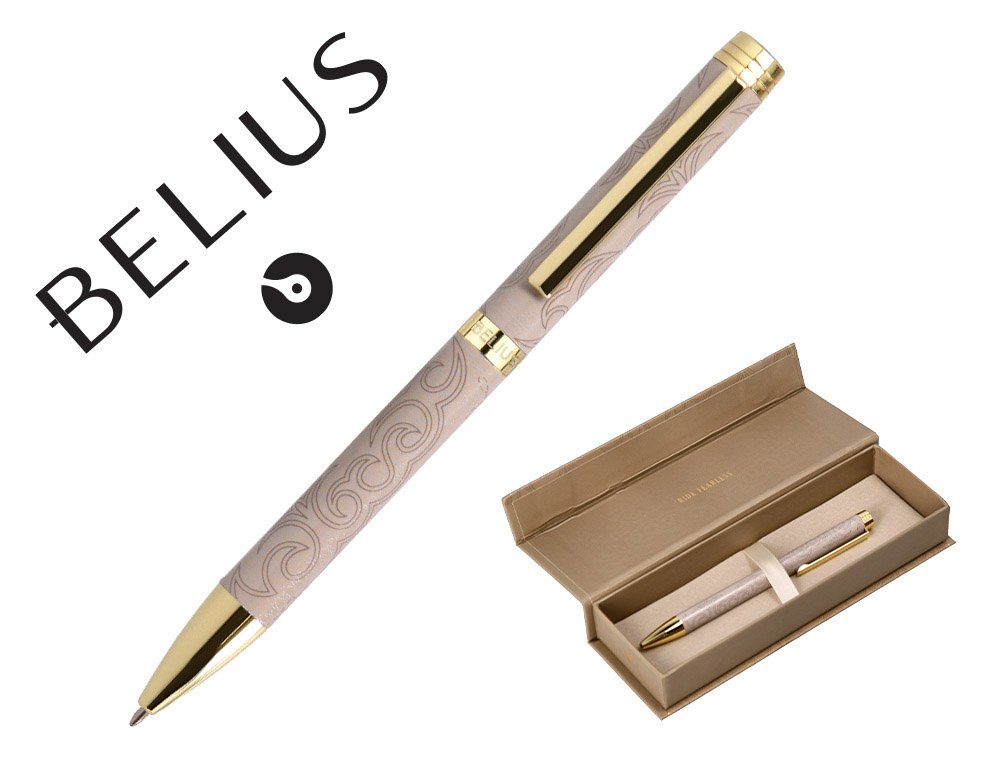 ESFEROGRAFICA BELIUS WILD WEST ALUMINIO COR BEGE DOURADO TINTA COR AZUL CAIXA DE DESIGN