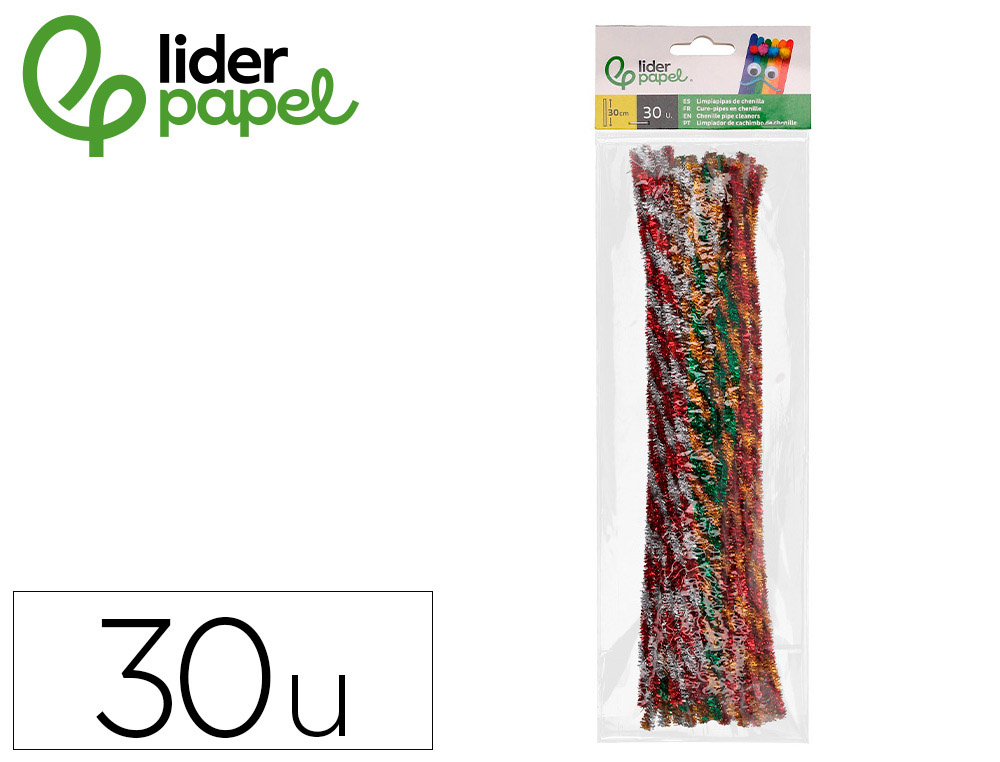 TIRAS DE CHENILLE LIDERPAPEL 30 CM DUAS CORES BRILHANTES SORTIDAS BOLSA DE 30 UNIDADES