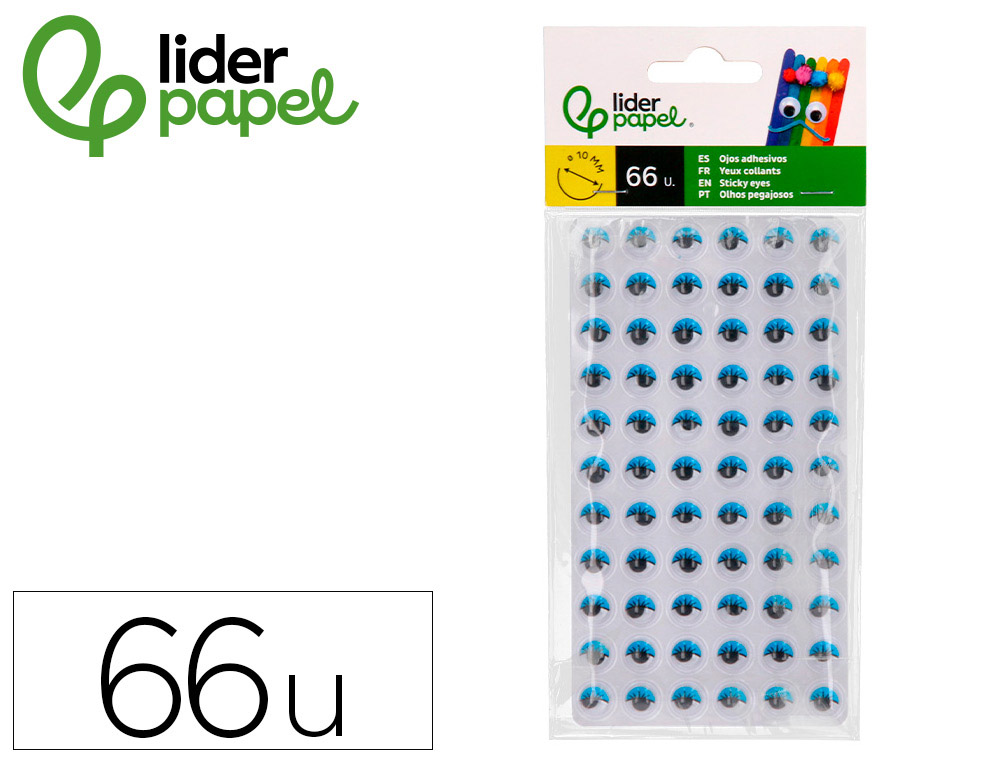 OLHO ADESIVO LIDERPAPEL 10 MM COM PUPILA PRETA E PESTANAS DE COR AZUL BOLSA DE 66 UNIDADES