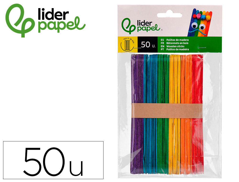 PALITOS DE MADEIRA LIDERPAPEL CORES SORTIDAS 15X1,8 CM BOLSA COM 50 UNIDADES