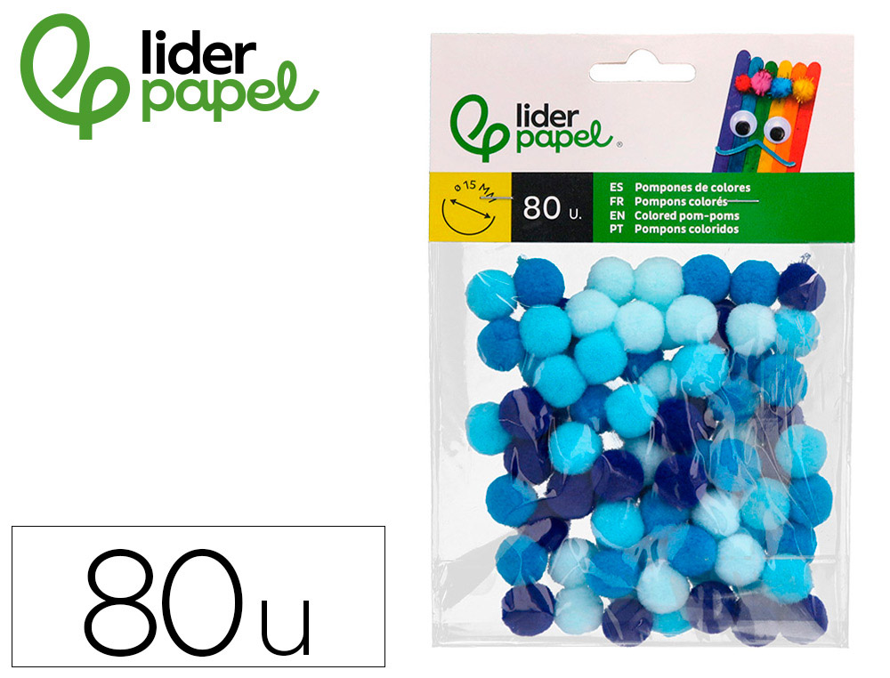 POMPONS DE CORES LIDERPAPEL 1,5 CM TONALIDADES AZUIS BOLSA COM 80 UNIDADES