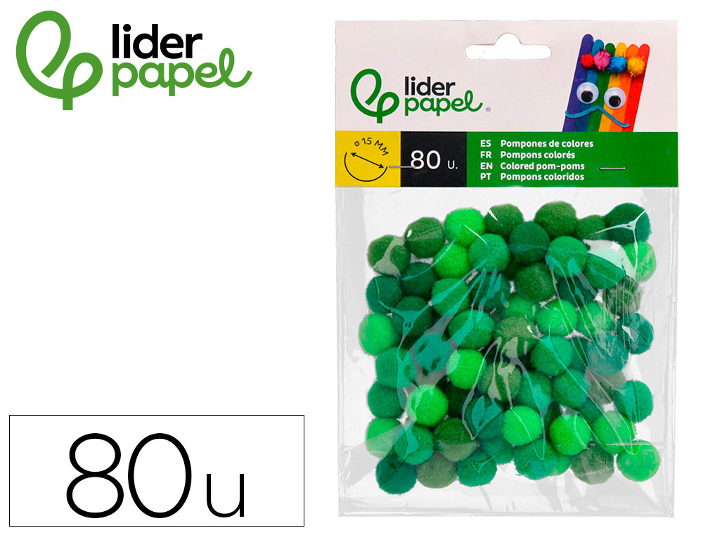 POMPONS DE CORES LIDERPAPEL 1,5 CM TONALIDADES VERDES BOLSA COM 80 UNIDADES