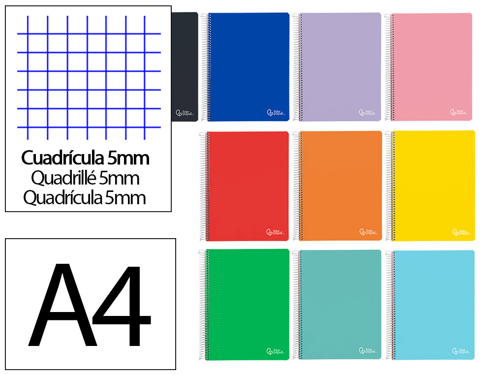 CADERNO ESPIRAL LIDERPAPEL DIN A4 WITTY CAPA DURA 120 F 90 GR QUADRICULA 5MM 5 BANDAS 4 FUROS CORES SORTIDAS