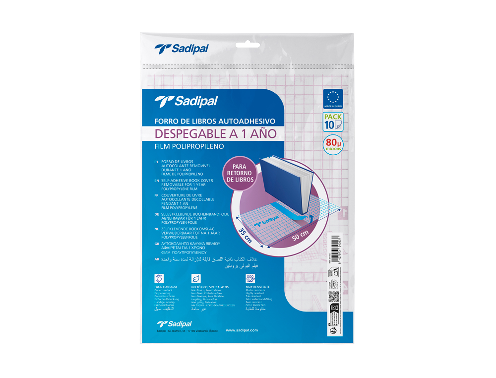 FORRA LIVRO ADESIVO PARA LIVROS SADIPAL REPOSICIONAVEL 1 ANO 80 MC 50X35 CM PACK DE 10 UNIDADES