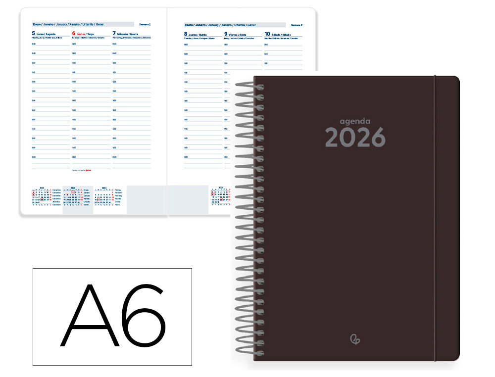 AGENDA ESPIRAL LIDERPAPEL CLASSIC A6 2026 SEMANA VISTA PRETO PAPEL 70 GR FSC
