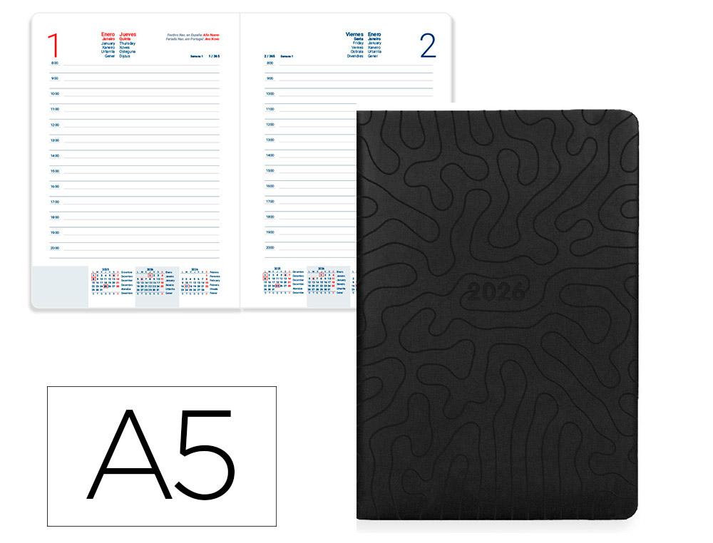 AGENDA ENCADERNADA LIDERPAPEL LIPSI A5 2026 DIA PAGINA PRETO PAPEL 70 GR FSC