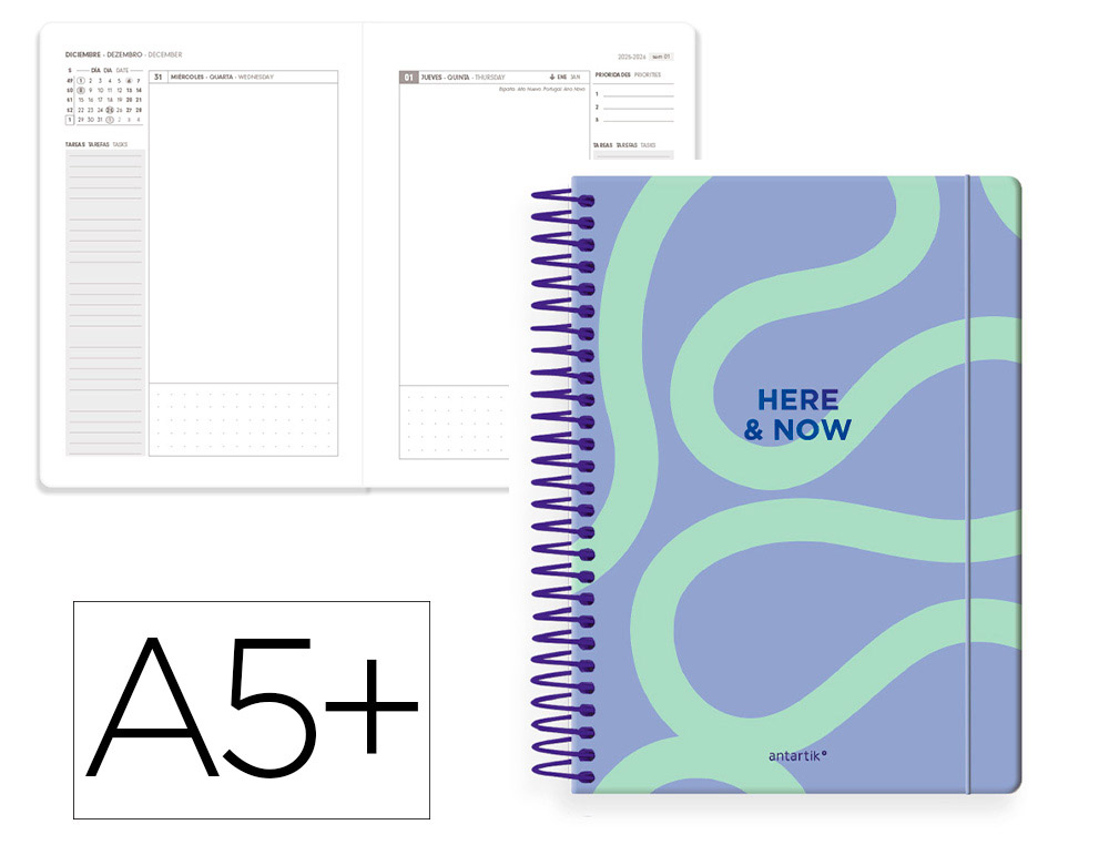 AGENDA ESPIRAL ANTARTIK HERE AND NOW A5+ 2026 DIA PAGINA ROXO PAPEL 80 GR FSC