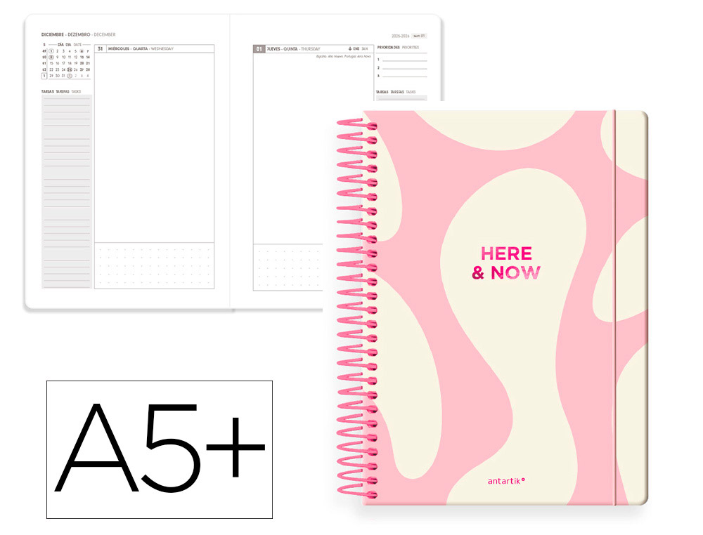 AGENDA ESPIRAL ANTARTIK HERE AND NOW A5+ 2026 DIA PAGINA ROSA PAPEL 80 GR FSC