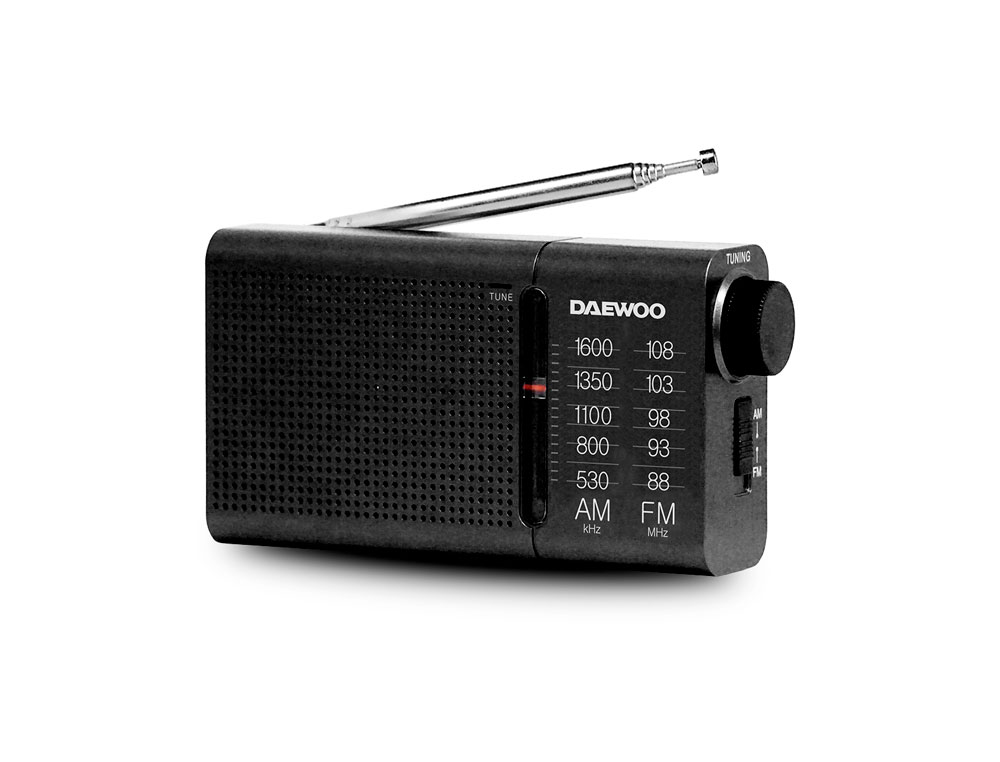RADIO PORTATIL DAEWOO AM/FM ANTENA TELESCOPICA AURICULARES INCLUIDOS JACK 3.5 MM COR PRETO
