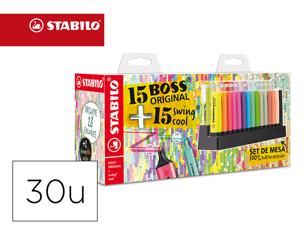 MARCADOR STABILO FLUORESCENTE CONJUNTO DE MESA 15 UDS BOSS 70 + 15 UDS SWING COOL CORES SORTIDAS