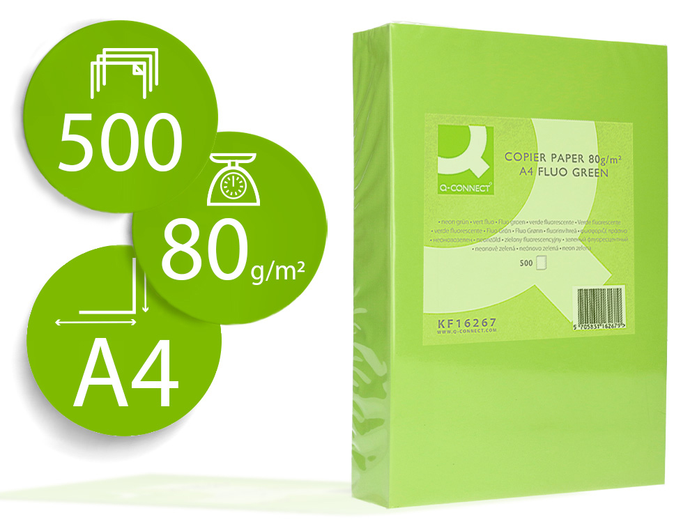 PAPEL DE COR Q-CONNECT DIN A4 80 GR VERDE NEON EMBALAGEM DE 500 FOLHAS
