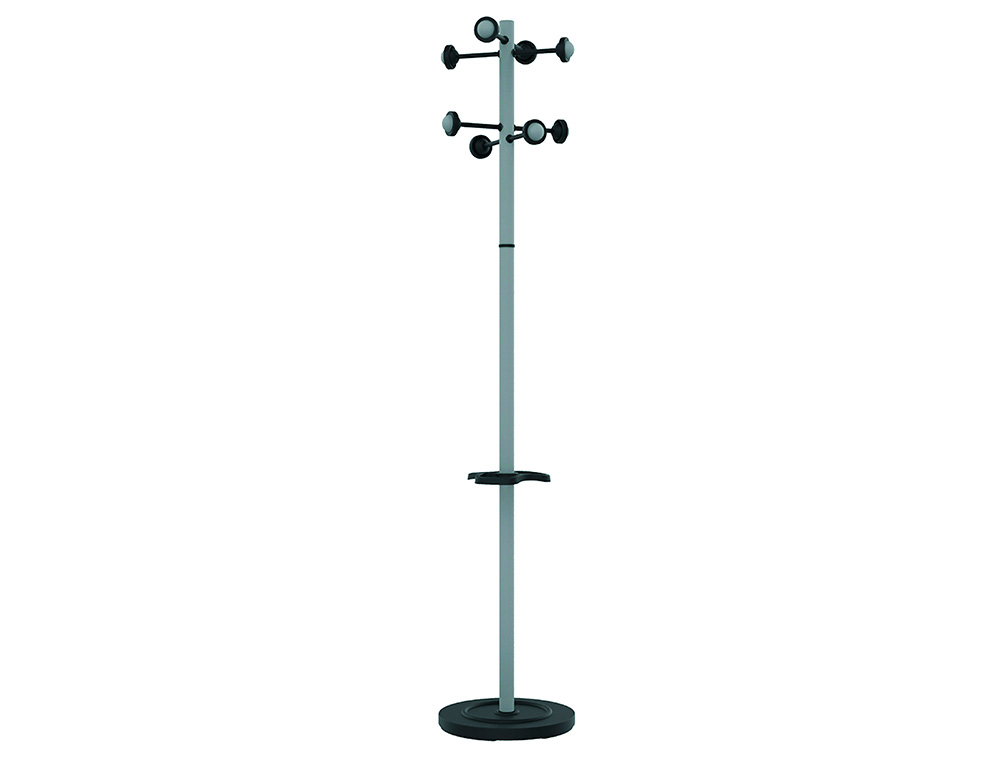 PERCHERO METALICO UNILUX ACCUEIL PIE 8 COLGADORES CON PARAGUERO Y BANDEJA GOTEO GRIS METALIZADO 177 X 38 CM