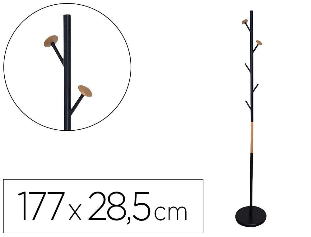 CABIDE METALICO Q-CONNECT PRETO COM DETALHES DE MADEIRA 5 SUPORTES 177X28,5 CM