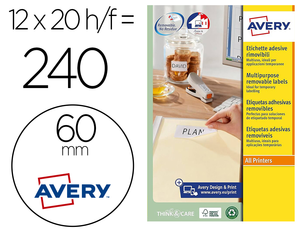 ETIQUETA ADESIVA AVERY BRANCA REDONDA REMOVIVEL PARA LASER INJEÇÃO DE TINTA E FOTOCOPIADORA 60 MM CAIXA DE 240 UNIDADES
