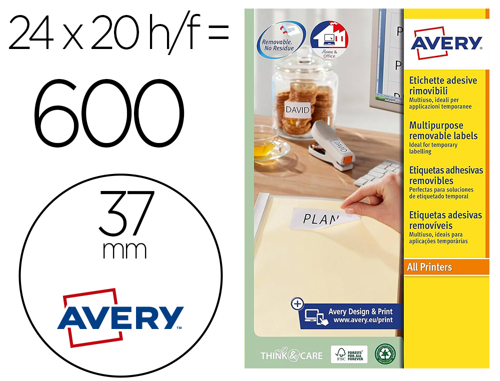 ETIQUETA ADESIVA AVERY BRANCA REDONDA REMOVIVEL PARA IMPRESSORA LASER INJEÇÃO DE TINTA E FOTOCOPIADORA 37 MM
