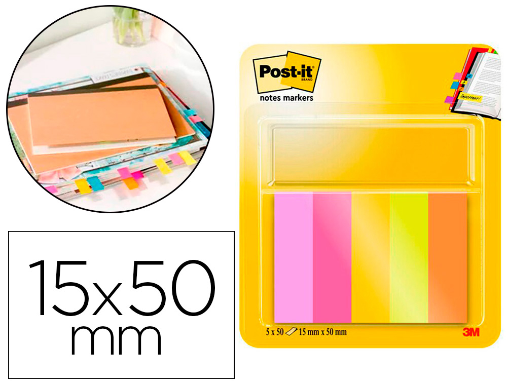 BANDAS SEPARADORAS POST-IT INDEX MINI NOTAS ENERGETIC COLOUR 15 X 50 MM 50 FOLHAS CORES SORTIDAS